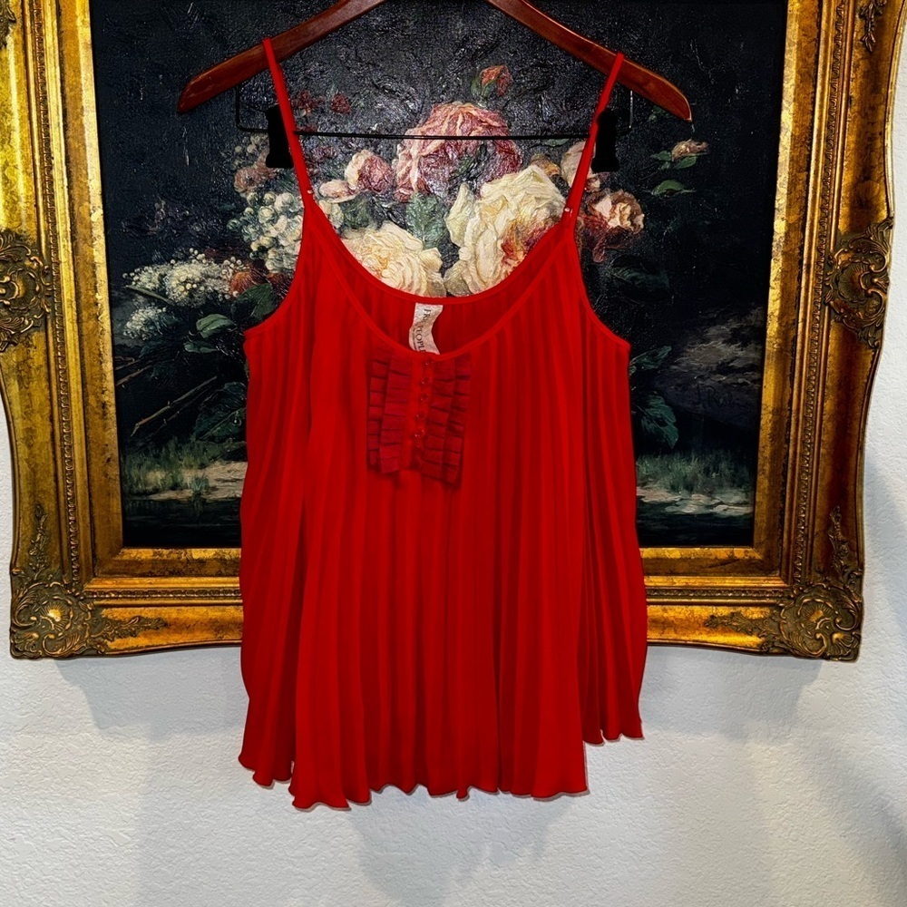 Free People Y2K NEW Red Ribbons Pleated Cami Tank Flowy Semi Sheer Size M